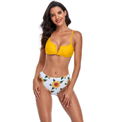 Floral Print V Bralette High Rise Split Bikini Swimsuit Set