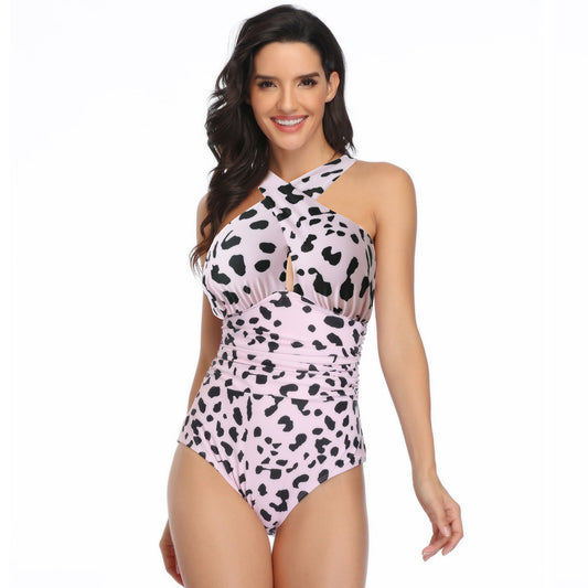 Leopard Print Cross Halter Pleated One Piece Swimsuit