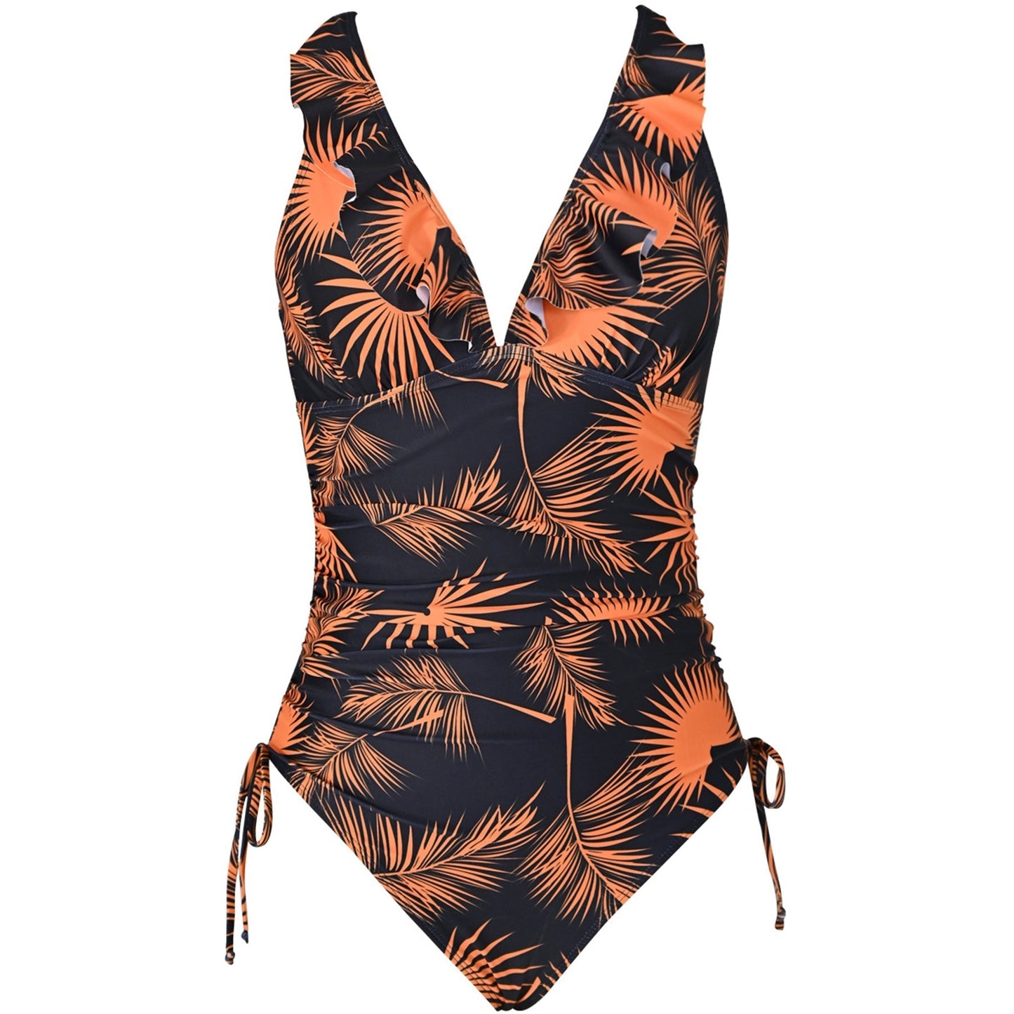 Leaf Print Ruffled V Neck Cross Back One Piece Swimsuit