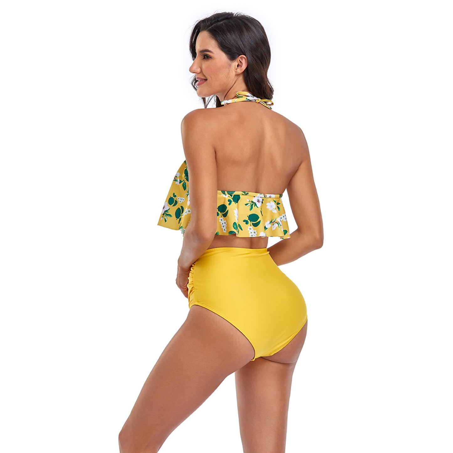 Floral Print Backless High Rise Two Piece Flounce Swimsuit Set