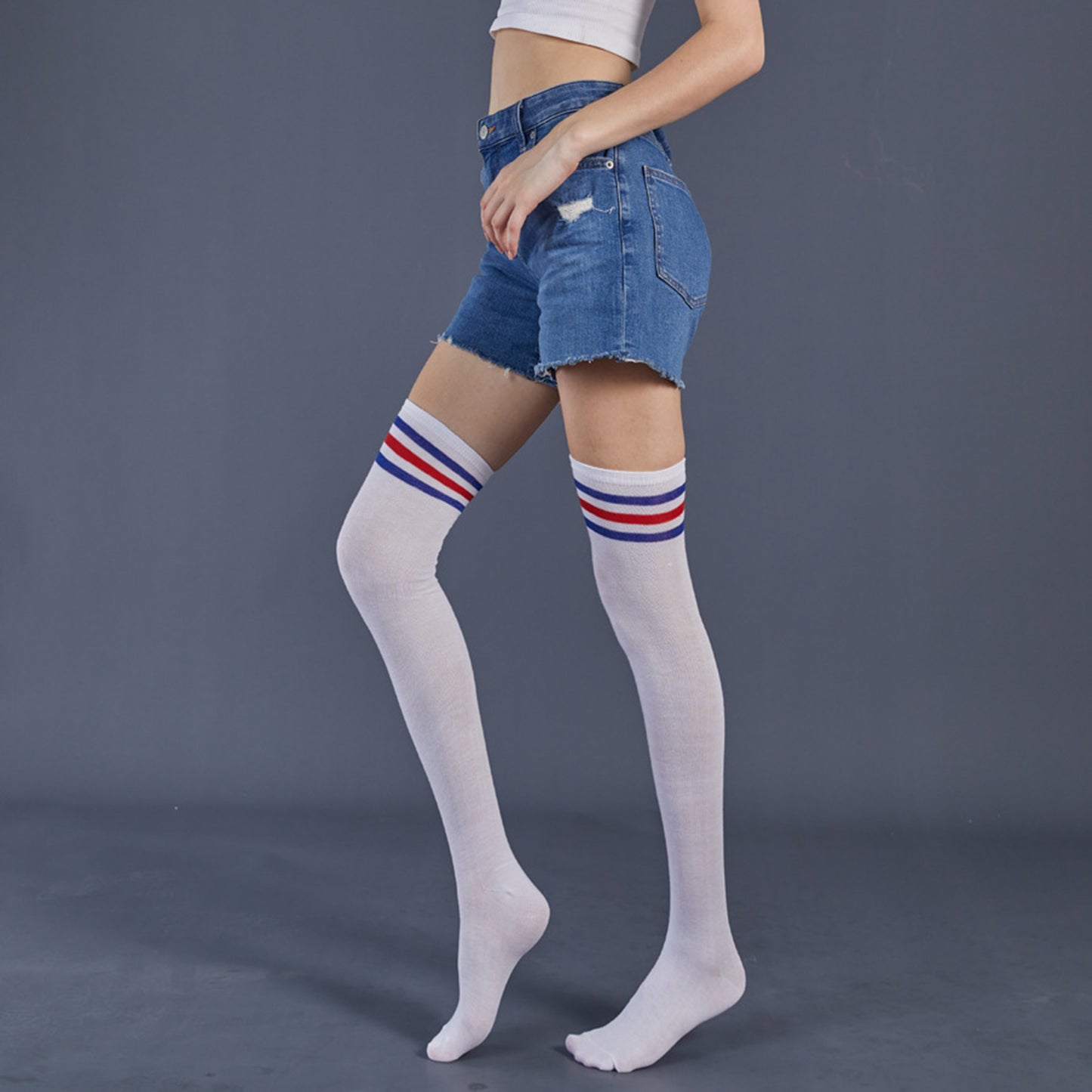 Three Bar Thigh High Socks