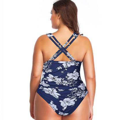 Floral Print Cross Halter Pleated One Piece Swimsuit