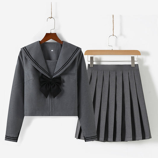 Gray Broad Collar Two Black Line Square Flap Cravat Bow Sailor School Uniform